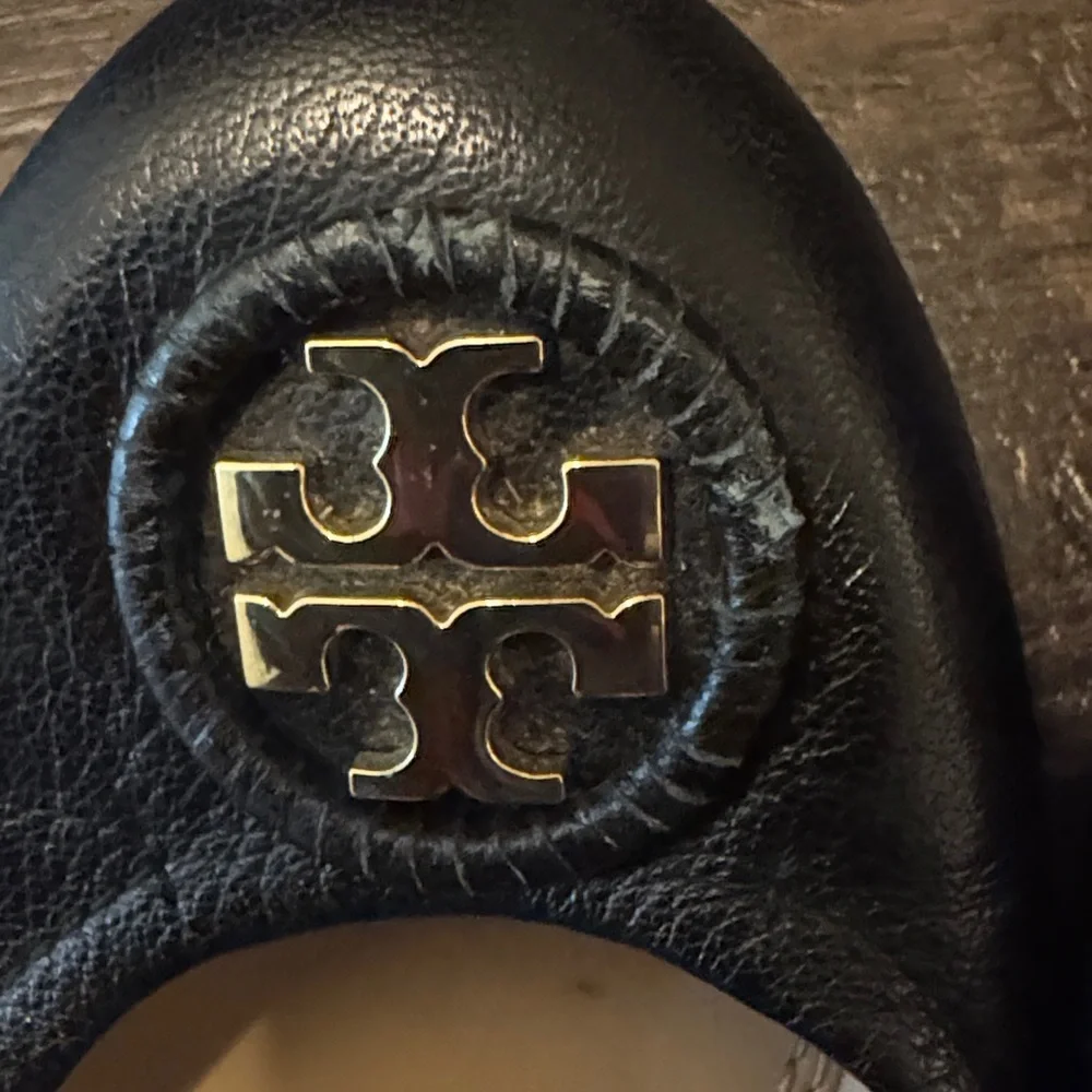 Tory Burch Black Flats with Gold Emblem